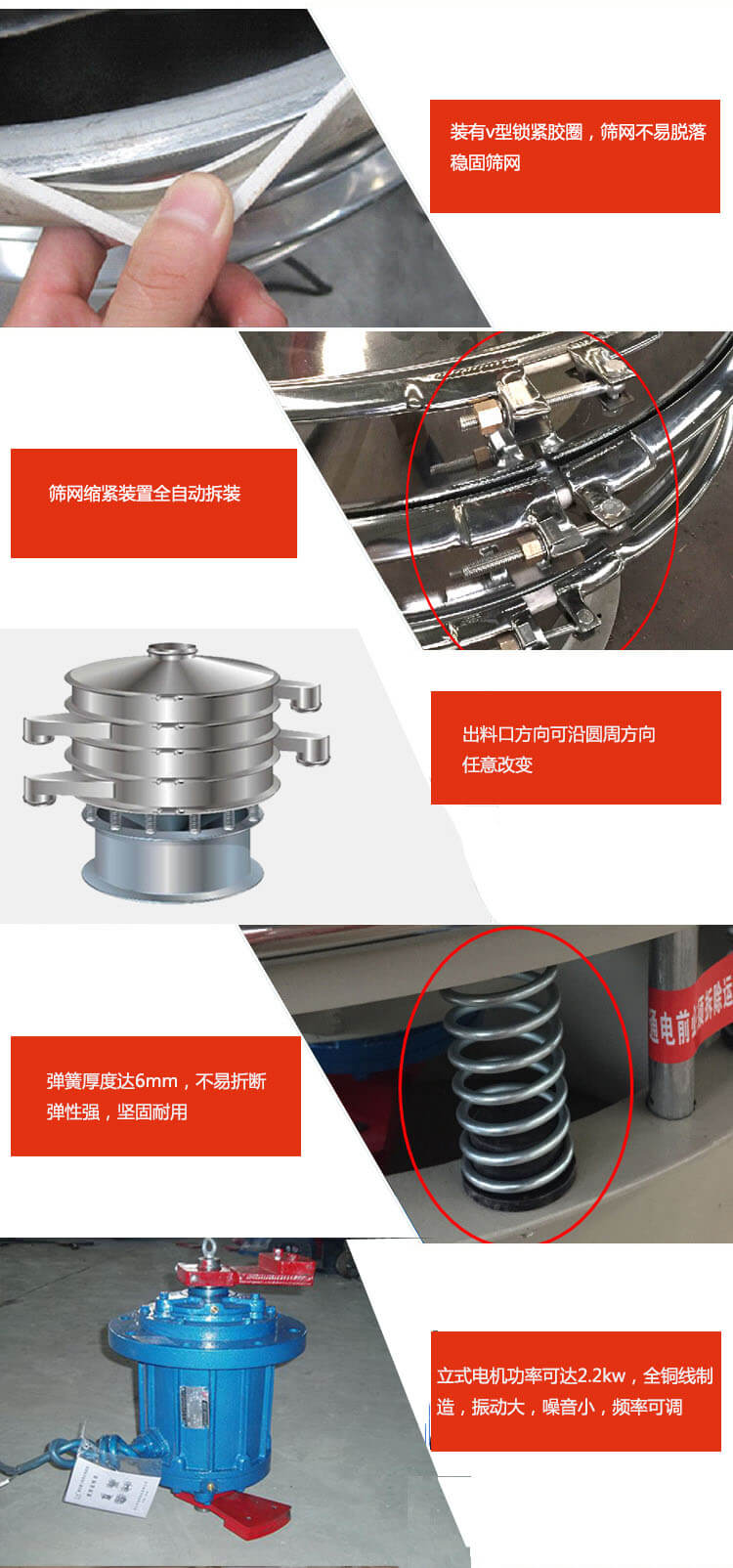 裝有V型鎖緊膠圈，使篩網(wǎng)不易脫落穩(wěn)固篩網(wǎng)，篩網(wǎng)鎖緊裝置，全自動拆裝，出料口方向可沿圓周方向任意改變。彈簧厚度達6mm，不易折斷，彈性強，堅固耐用。專業(yè)的振動電機，全銅線制造，振動大，機械噪音小，頻率可調(diào)。產(chǎn)品對比:材質(zhì)：大漢振動篩廠家采用304不銹鋼材質(zhì)耐腐蝕性，耐熱性強。個別廠家采用其它金屬材質(zhì)，耐腐蝕性，耐熱性差蒸發(fā)緩慢，烘干效率較低。大漢振動篩廠家采用金屬編織網(wǎng)，篩分精度高，效率高，篩網(wǎng)利用率高。