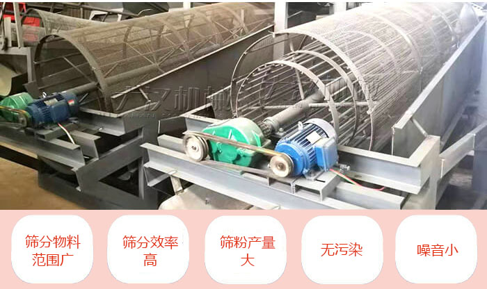 滾筒篩分機主要特點：篩分物料范圍廣，篩分效率高，篩分產(chǎn)量大，無污染，噪音小。
