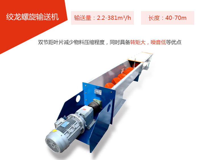 絞龍螺旋輸送機(jī)輸送量：2.2-381m3/h 長度：40-70m 雙節(jié)距葉片減少物料壓縮程度，同時具備轉(zhuǎn)矩大，噪音低等優(yōu)點(diǎn)。