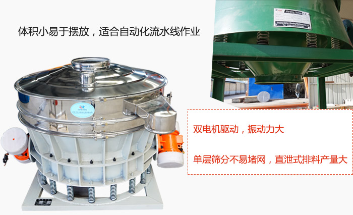 雙電機驅(qū)動，振動力大，單層篩分不易堵網(wǎng)，直泄式排料產(chǎn)量大