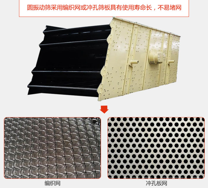 圓振動(dòng)篩采用編織網(wǎng)或沖孔篩板具有使用壽命長(zhǎng)，不易堵網(wǎng)。