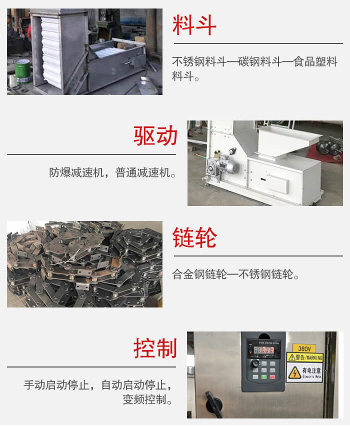 z型斗式提升機(jī)料斗：不銹鋼料斗-碳鋼料斗-食品塑料料斗。驅(qū)動(dòng)裝置采用的式防爆減速機(jī)，普通減速機(jī)兩種。鏈輪采用合金鏈輪-不銹鋼鏈輪控制器：手動(dòng)啟動(dòng)/停止，以及自動(dòng)啟動(dòng)停止。