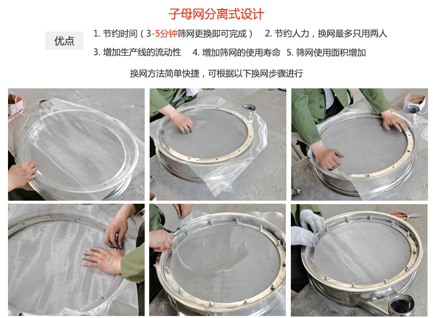 大漢振動機械換網(wǎng)優(yōu)勢：1，節(jié)省時間（3-5分鐘篩網(wǎng)更換即可完成）2，節(jié)省人力，換網(wǎng)只有兩人。3.增加生產(chǎn)線的流暢性。4.增加篩網(wǎng)壽命，彈跳球不直接撞擊子網(wǎng)。5.篩網(wǎng)使用面積增加。