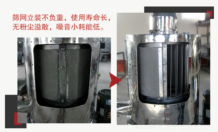 氣流篩采用立式篩網(wǎng)，不受物料的沖擊力的影響，篩網(wǎng)使用壽命長