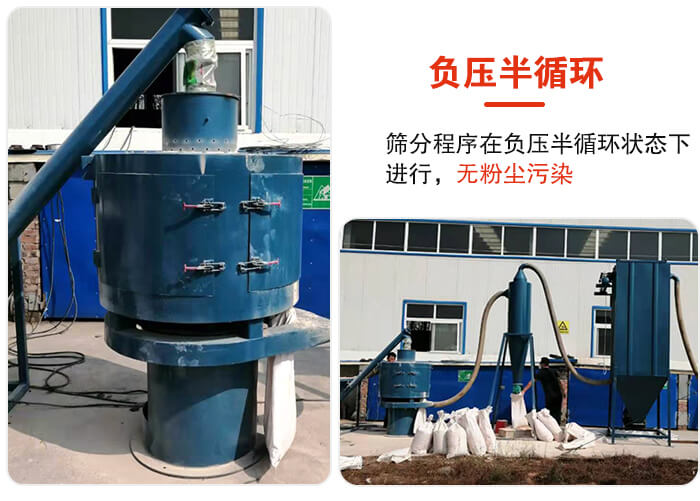 氣流篩負壓半循環(huán)，篩分程序在負壓版循環(huán)狀態(tài)下進行，無粉塵污染。
