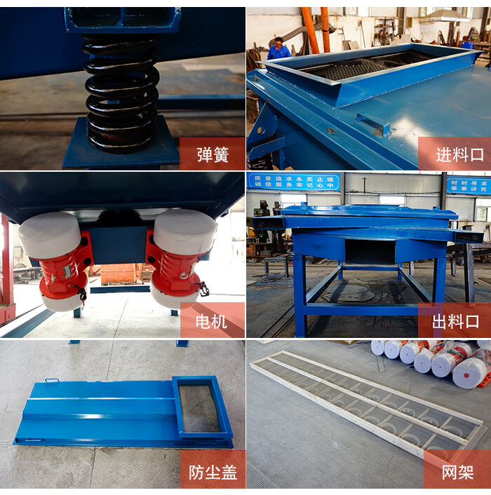 1035直線振動篩細節(jié)展示：出料口，振動彈簧，振動電機，進料口。