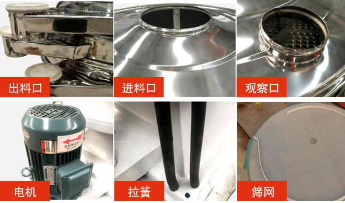 搖擺篩細(xì)節(jié)展示：出料口，進(jìn)料口，觀察口，電機(jī)，拉簧，篩網(wǎng)等。