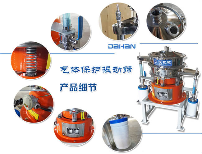 氣體保護(hù)振動(dòng)篩細(xì)節(jié)：振動(dòng)彈簧，手動(dòng)閥門，料罐等。